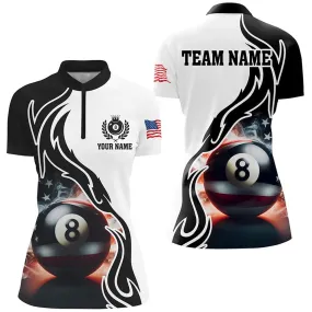 3D 8 Ball Pool Smoke US Flag Custom Women Quarter Zip Jersey, Patriotic Billiard Jerseys, Short Sleeve Jersey For Women