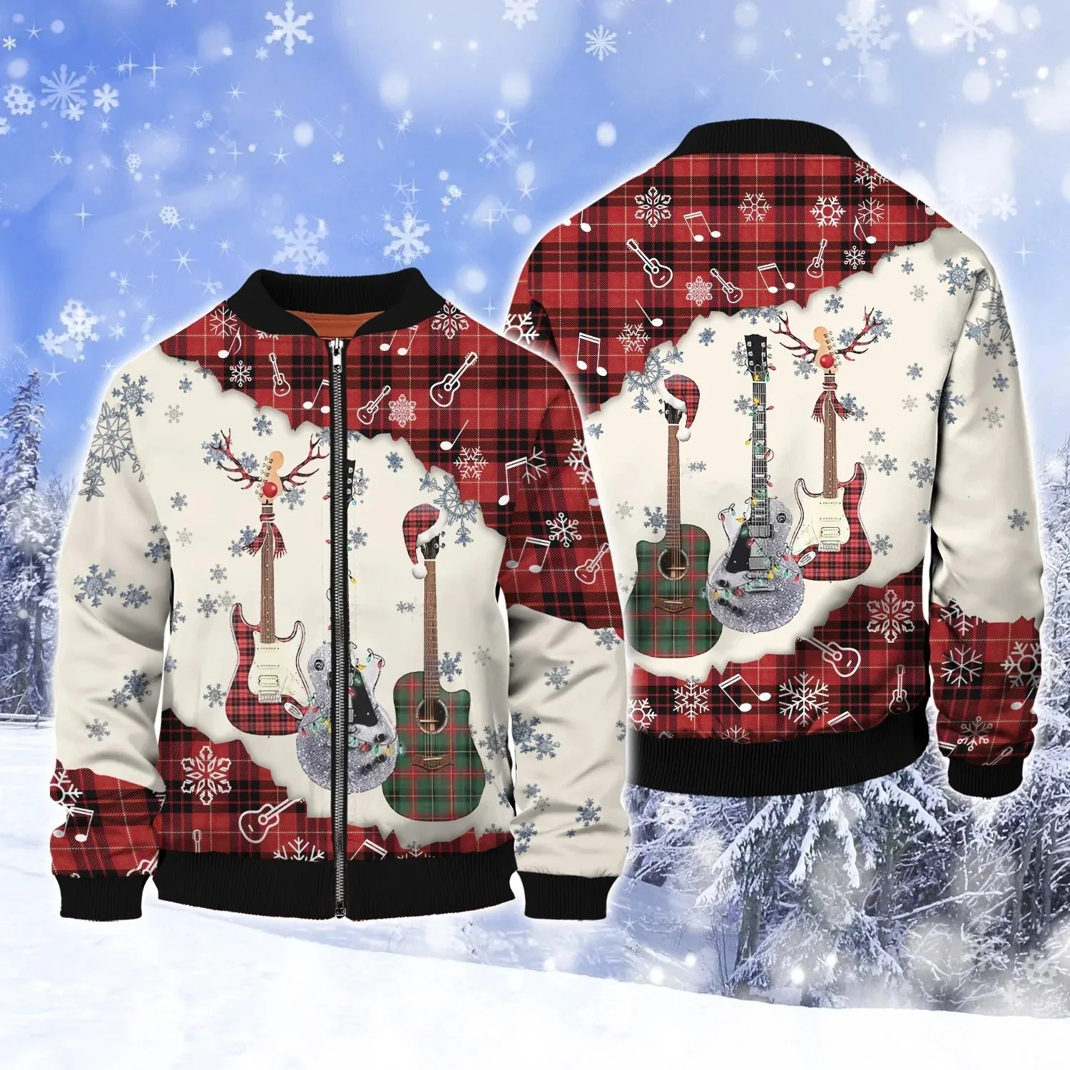 3D All Over Print Guitar Snow Hoodie Men Women, Guitar Hawaiian Shirt Shirt Sleeve, Christmas Gift For Guitarist