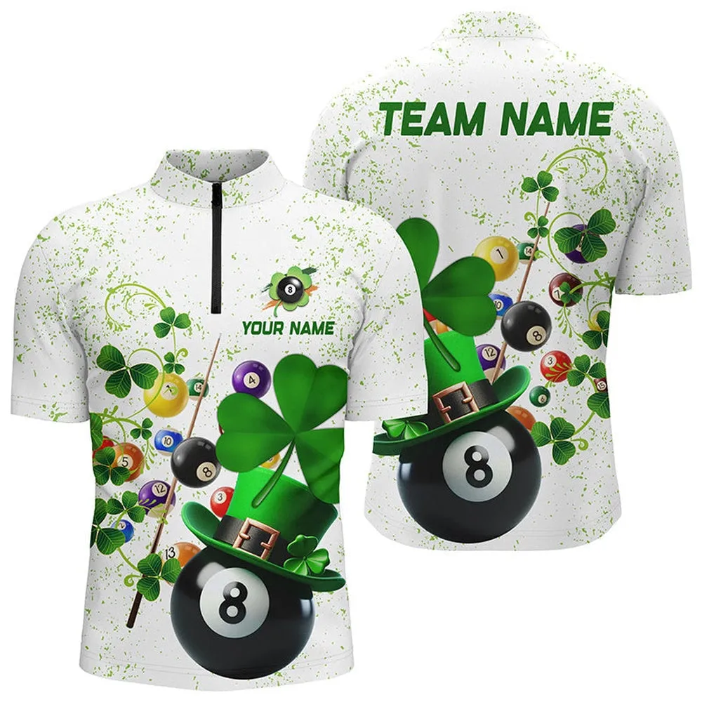 3D Billiard Balls Luckiest Shamrock Men Zip Jersey Custom Patrick Day Billiard Shirt, Short Sleeve Quarter Zip Jersey For Men