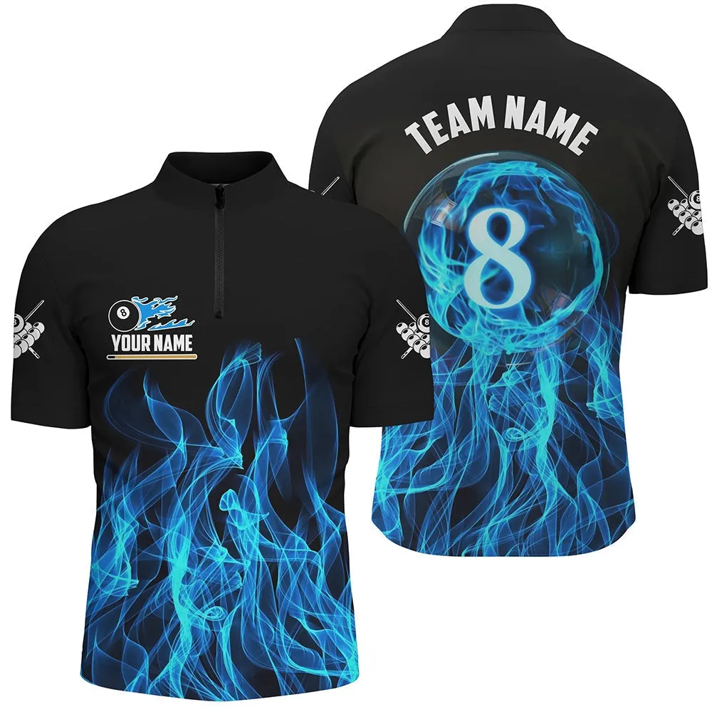 3D Blue Flaming 8 Ball Pool Magic Men Billiard Zip Jersey Custom Pool Player Jersey, Short Sleeve Quarter Zip Jersey For Men