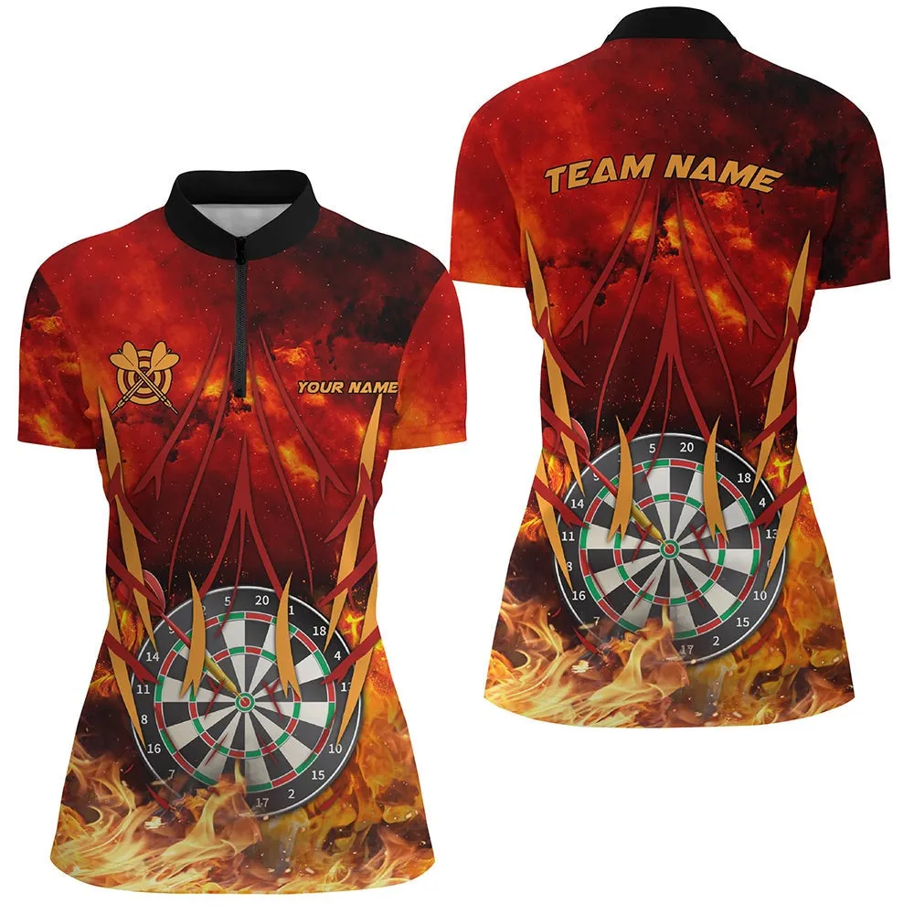 3D Dartboard On Fire Women Darts Quarter Zip Jersey Custom Name Flame Dart Shirts For Player, Custom Dart Jerseys, Gift For Dart Lovers