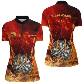 3D Dartboard On Fire Women Darts Quarter Zip Jersey Custom Name Flame Dart Shirts For Player, Custom Dart Jerseys, Gift For Dart Lovers