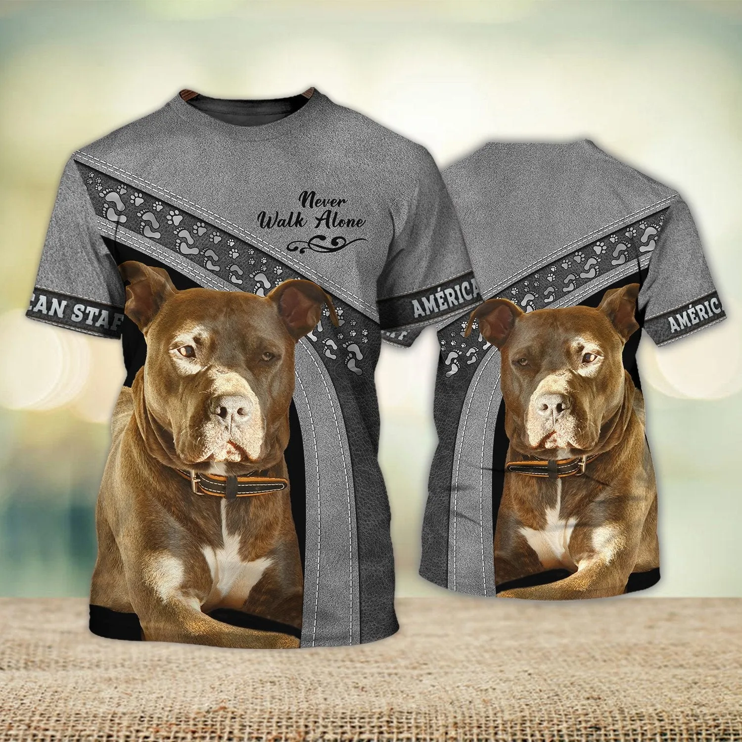 American Staffordshire Terrier Love Never Walk Alone 3D Full Print Shirts, Shirt For Dog Lovers, Dog Memorial Gifts for loss of Dog