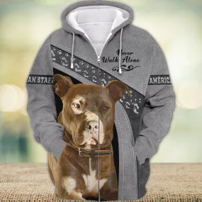 American Staffordshire Terrier Love Never Walk Alone 3D Full Print Shirts, Shirt For Dog Lovers, Dog Memorial Gifts for loss of Dog