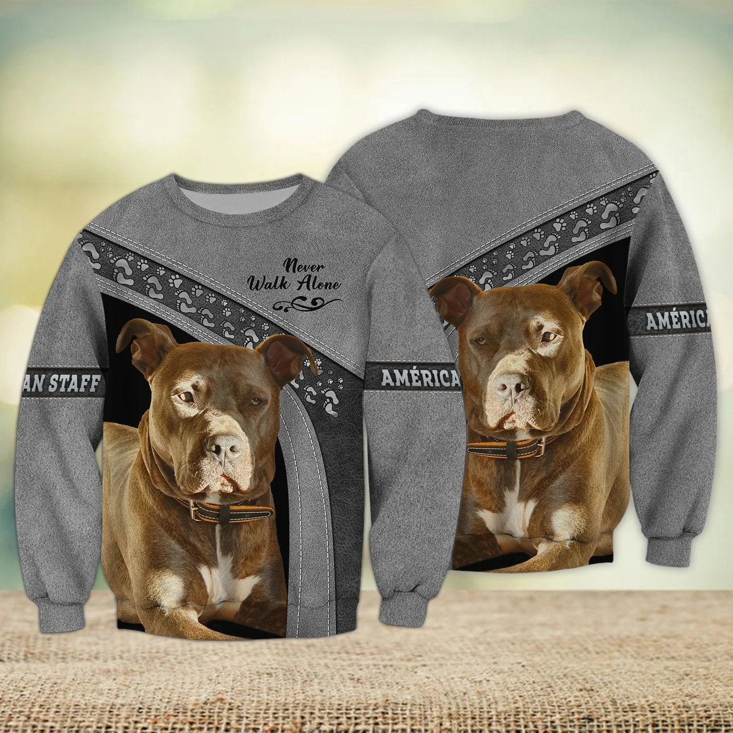 American Staffordshire Terrier Love Never Walk Alone 3D Full Print Shirts, Shirt For Dog Lovers, Dog Memorial Gifts for loss of Dog