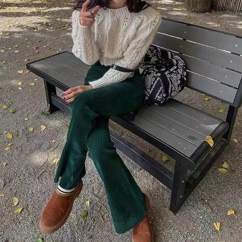 Amozae business casual outfits Autumn and Winter Retro Elastic High Waist Slim Micro Horn Corduroy Casual Trousers for Women