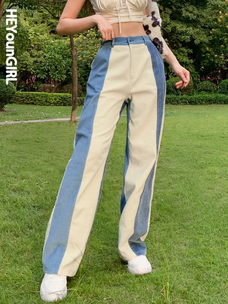 Amozae Patchwork Casual Corduroy High Waist Pants 2000S Aesthetic Autumn Warm Long Trousers Skinny Streetwear Sweatpants 90S