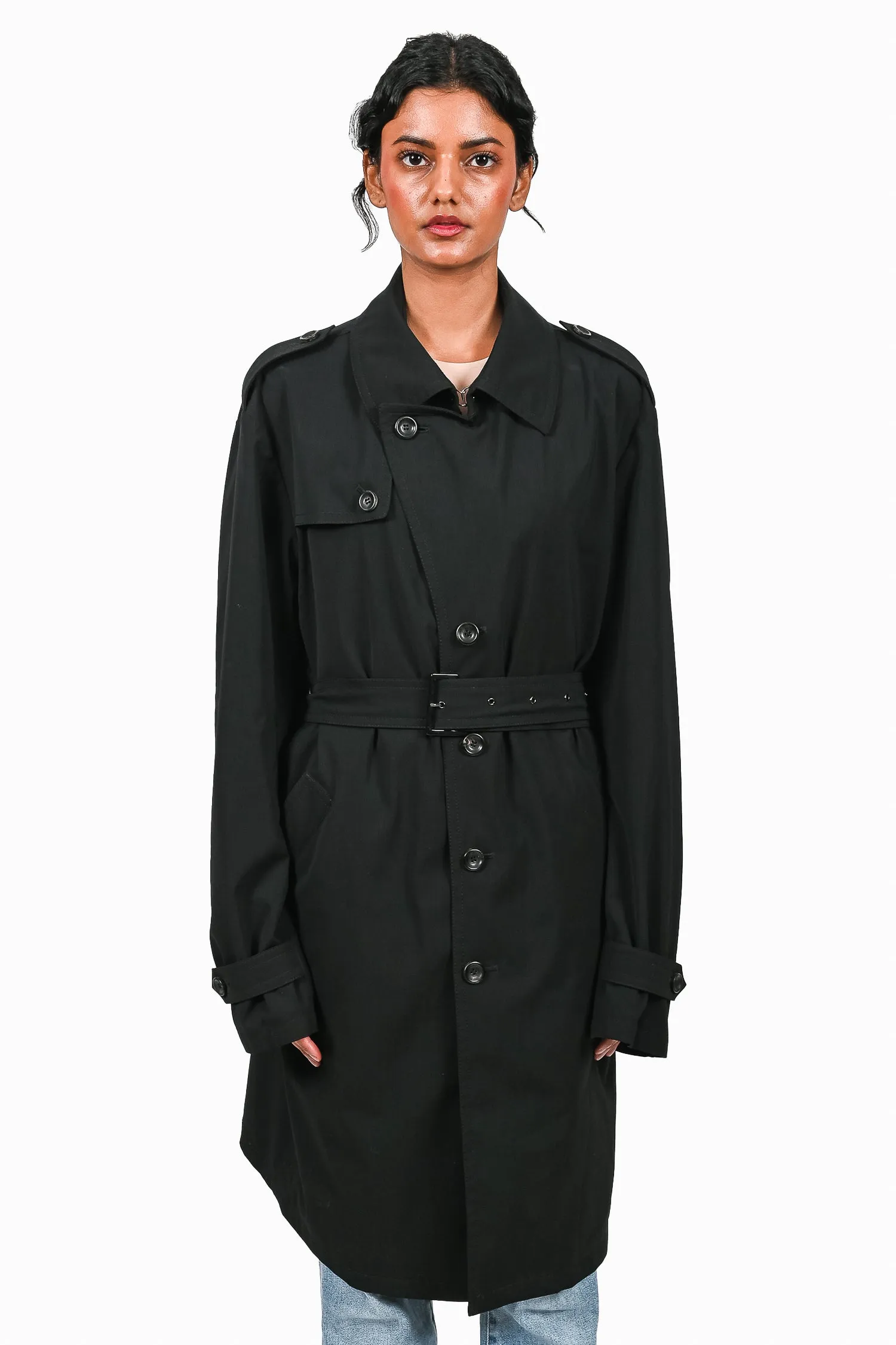 Armani Collezioni Black Nylon Water Repellent Trench Coat w/ Belt sz 42