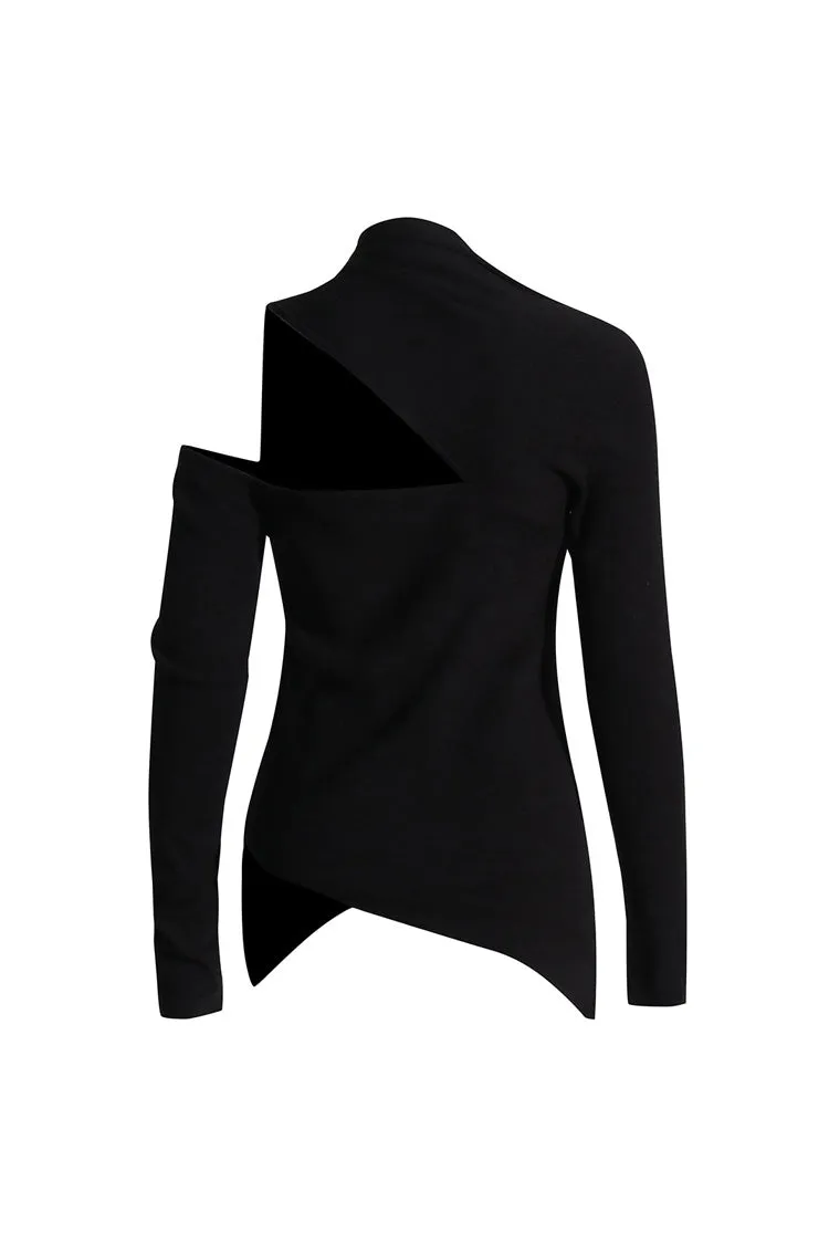 Asymmetrical Hem Draped Mock Neck Cutout Long Sleeve Knit Sweater