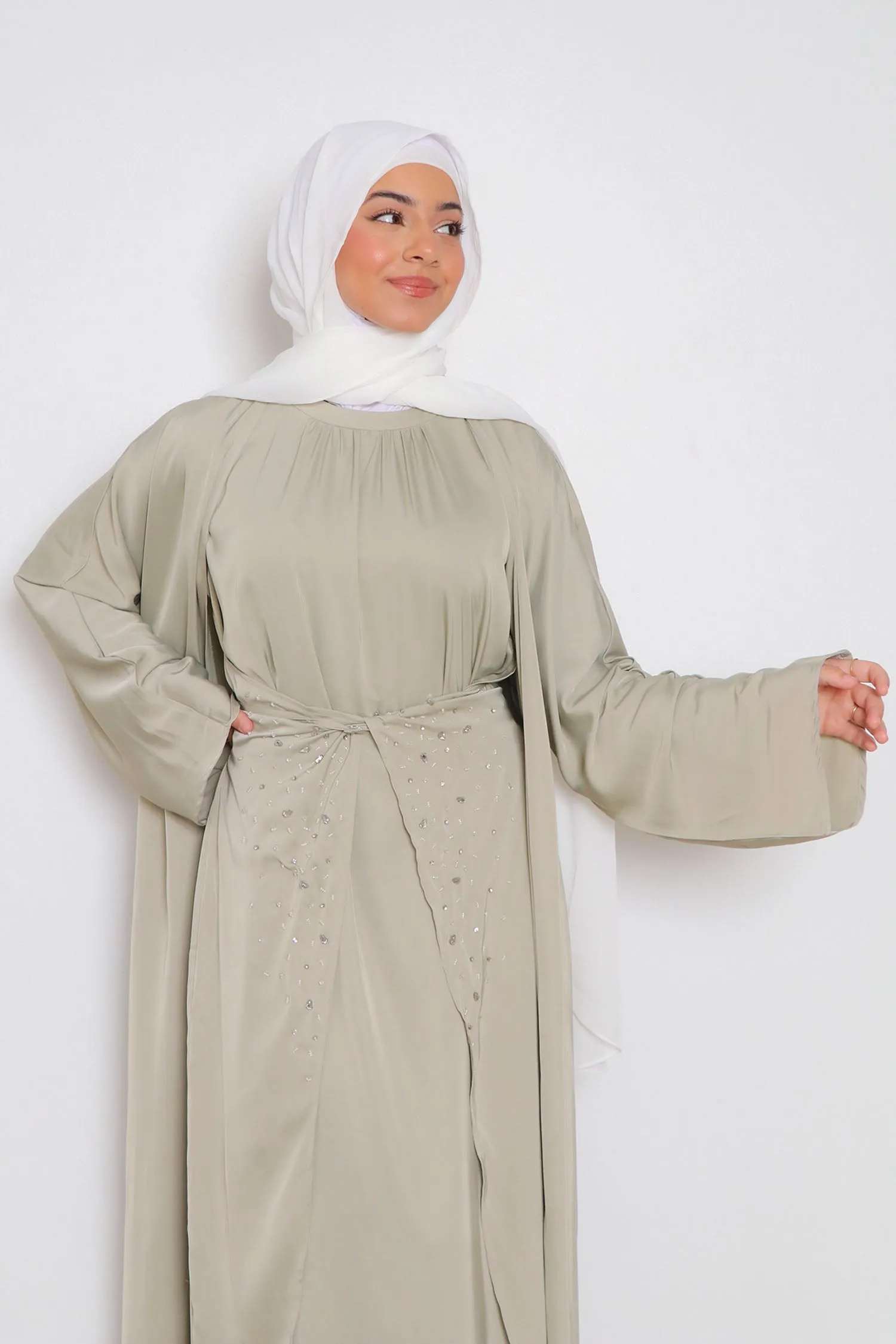 Aurora Beaded Tie Abaya Set- Light Sage