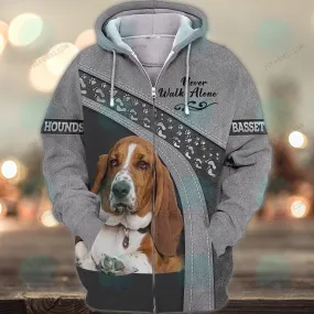 Basset Hound Love Grey Never Walk Alone 3D Full Print Shirts, Christmas Dog Memorial Gifts for loss of Dog