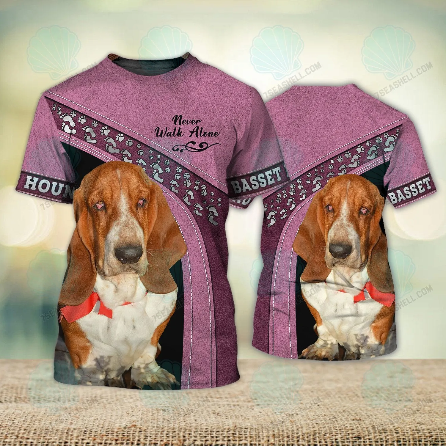 Basset Hound Love Pink Never Walk Alone 3D Full Print Shirts, Christmas Dog Memorial Gifts for loss of Dog