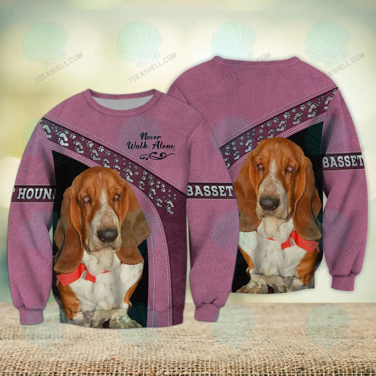 Basset Hound Love Pink Never Walk Alone 3D Full Print Shirts, Christmas Dog Memorial Gifts for loss of Dog