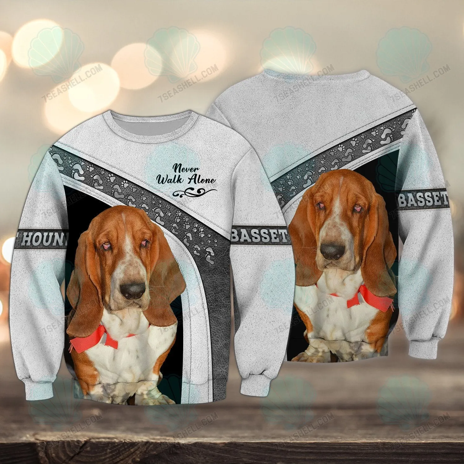 Basset Hound White Love Never Walk Alone 3D Full Print Shirts, Christmas Dog Memorial Gifts for loss of Dog