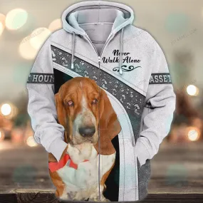 Basset Hound White Love Never Walk Alone 3D Full Print Shirts, Christmas Dog Memorial Gifts for loss of Dog