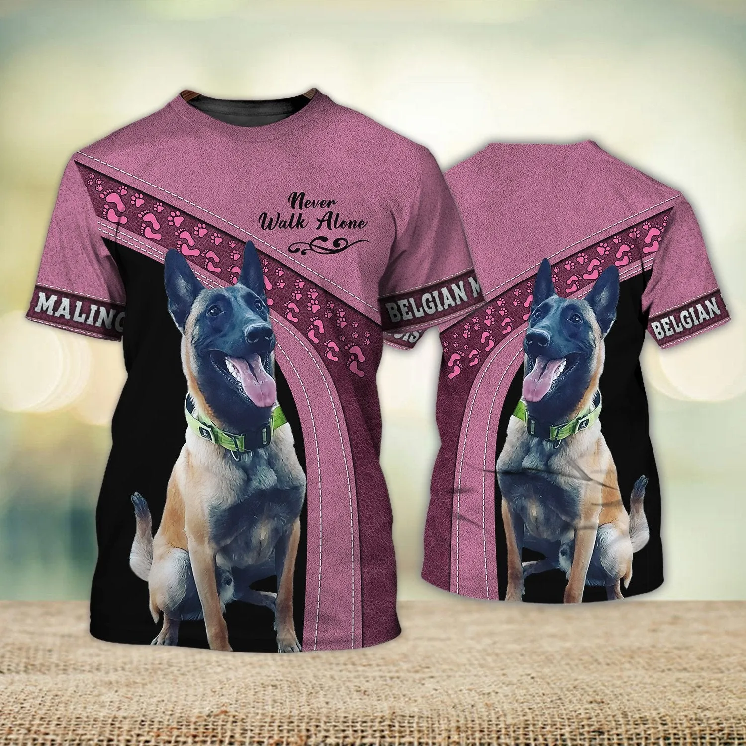 Belgian Malinois Pink Love Never Walk Alone 3D Full Print Shirts, Dog Memorial Gifts for loss of Dog, Gift for Dog Lovers