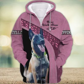 Belgian Malinois Pink Love Never Walk Alone 3D Full Print Shirts, Dog Memorial Gifts for loss of Dog, Gift for Dog Lovers