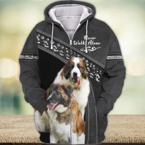 Bernhardiner-Collie-Mix Love Never Walk Alone 3D Full Print Shirts, Shirt For Dog Lovers, Dog Memorial Gifts for loss of Dog