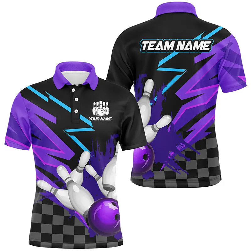 Black And Purple Men Bowling Long Sleeve Polo, Custom Team Bowling Jerseys, Mens Bowling Outfits