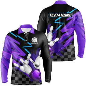 Black And Purple Men Bowling Long Sleeve Polo, Custom Team Bowling Jerseys, Mens Bowling Outfits