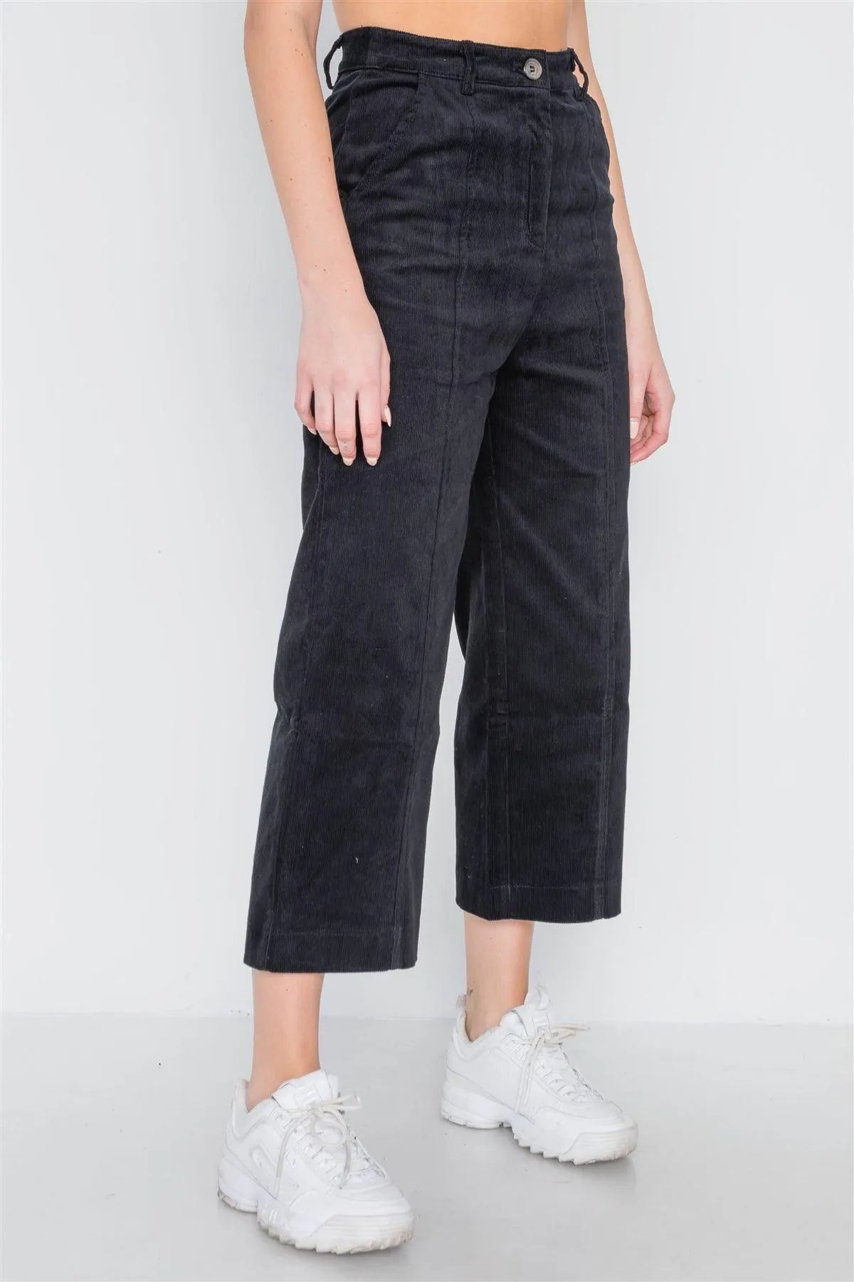 Black Corduroy Wide Leg Cropped Pants /2-1-3