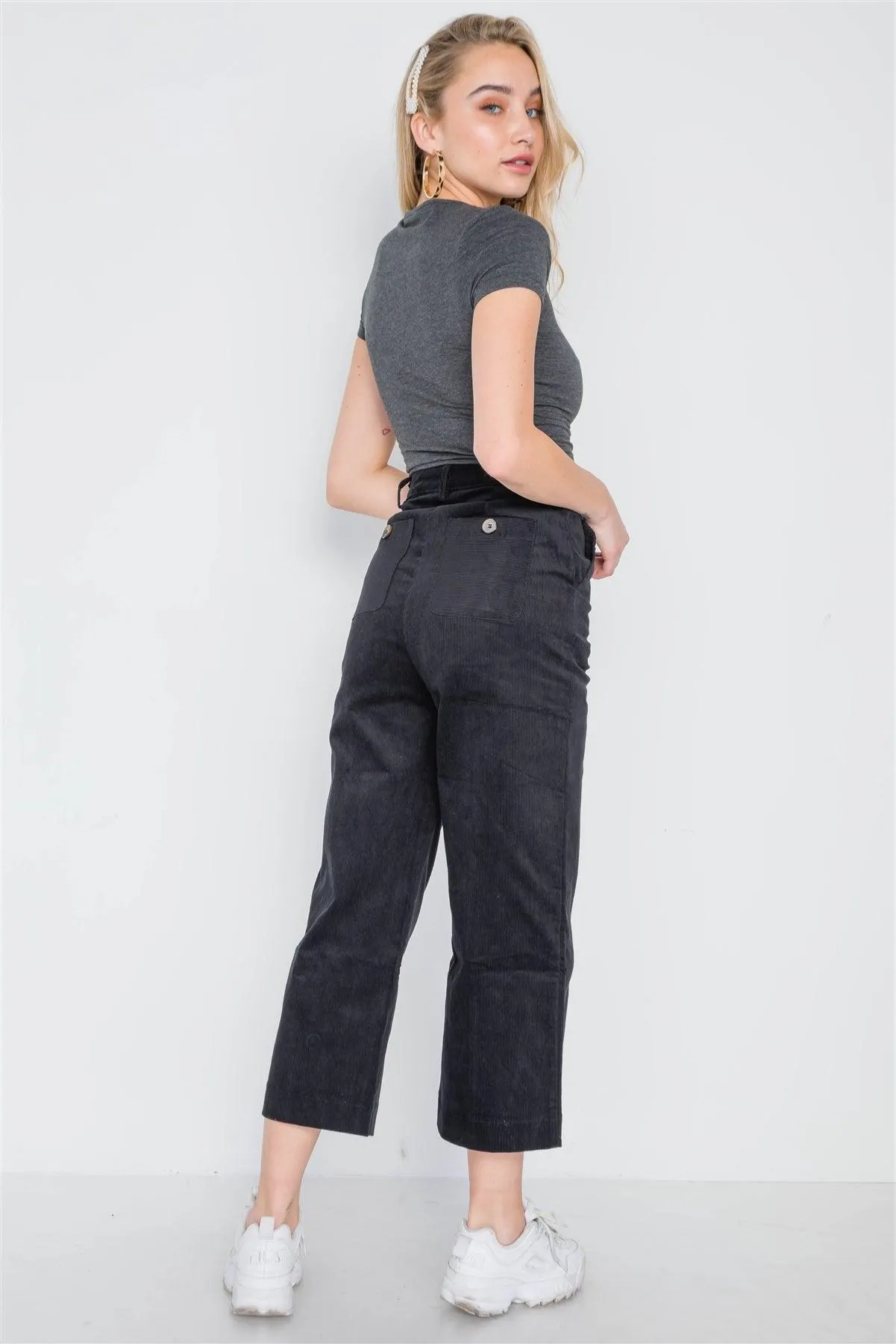 Black Corduroy Wide Leg Cropped Pants /2-1-3