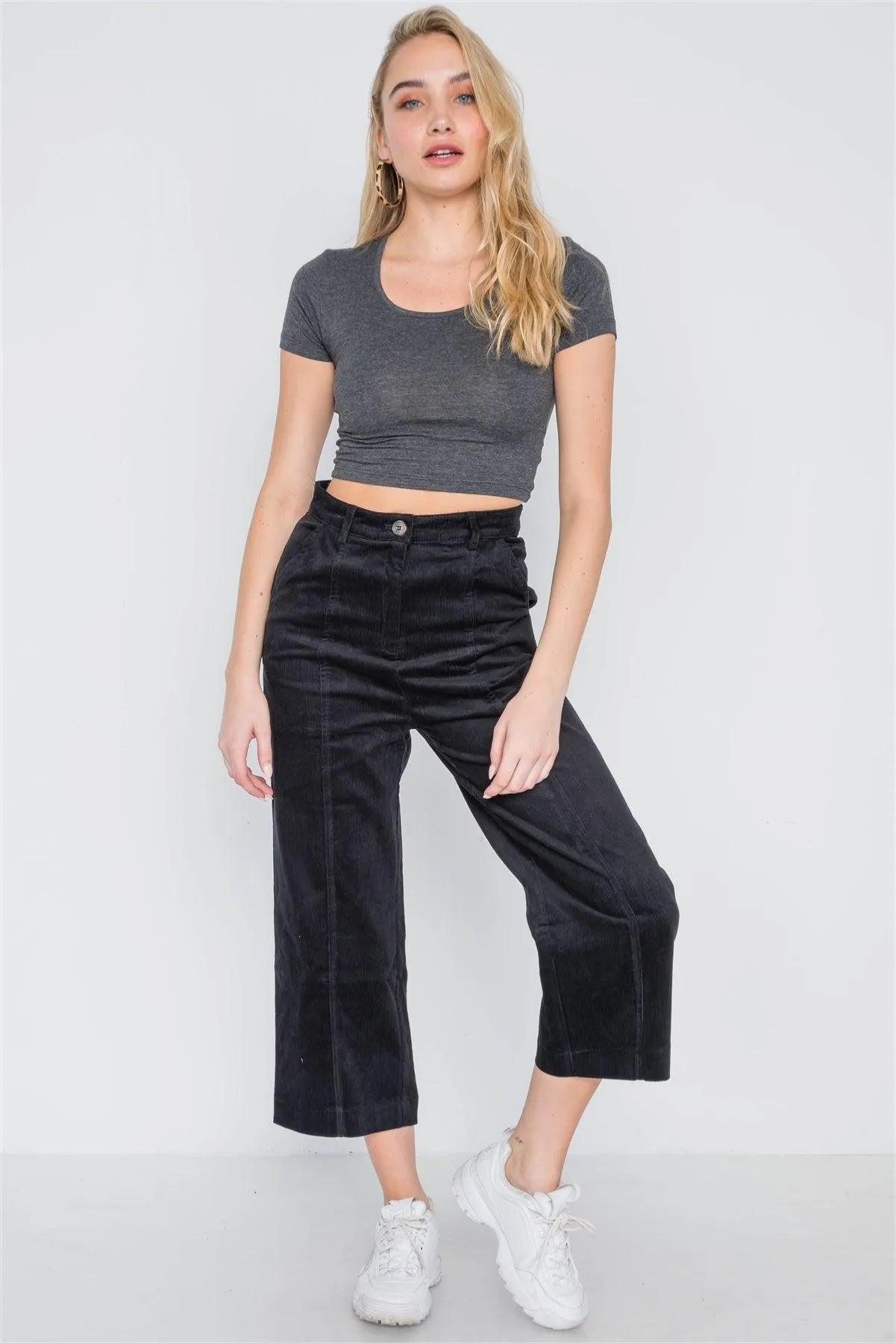 Black Corduroy Wide Leg Cropped Pants /2-1-3