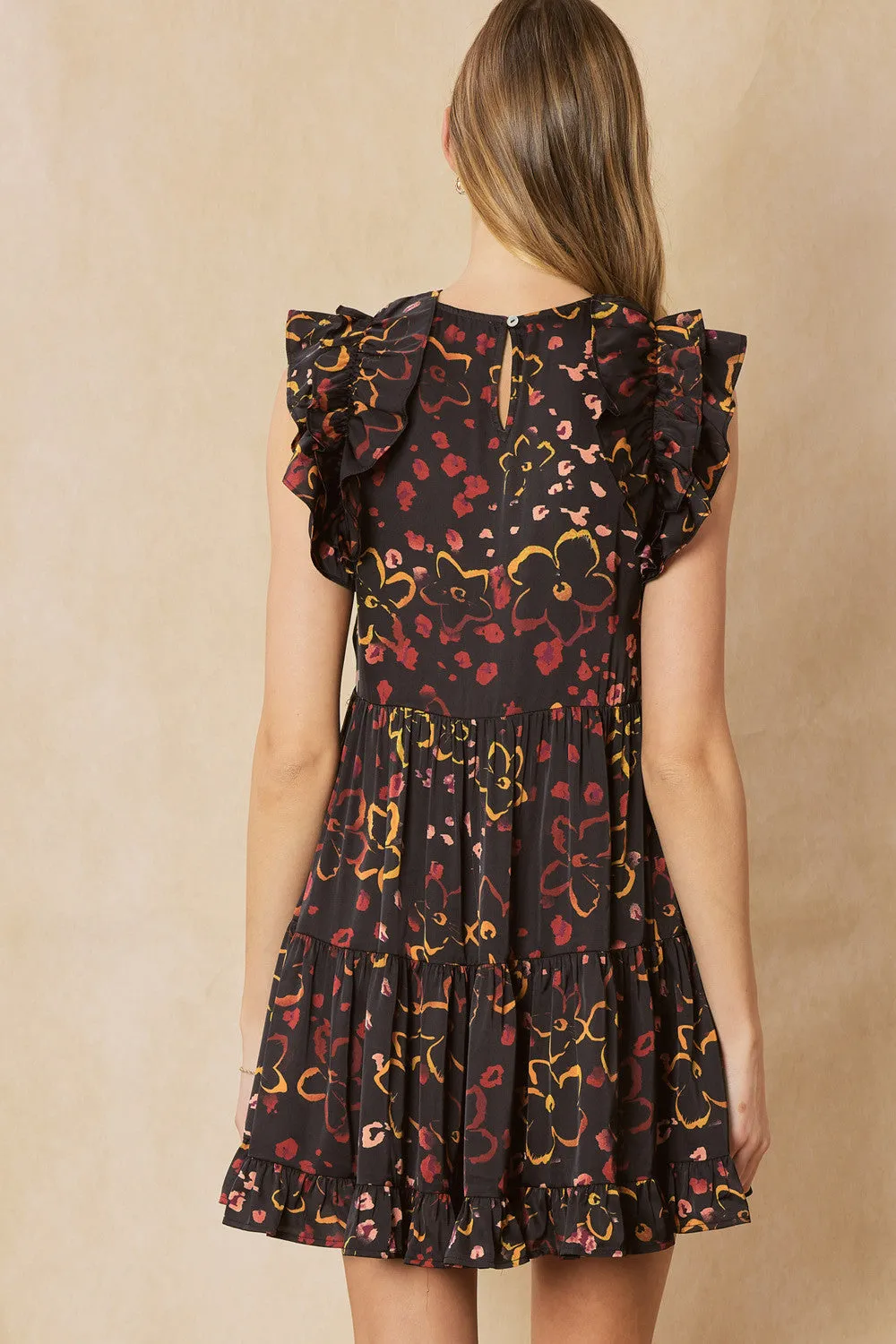 BLACK MULTICOLORED FLORAL SLEEVELESS RUFFLED DRESS