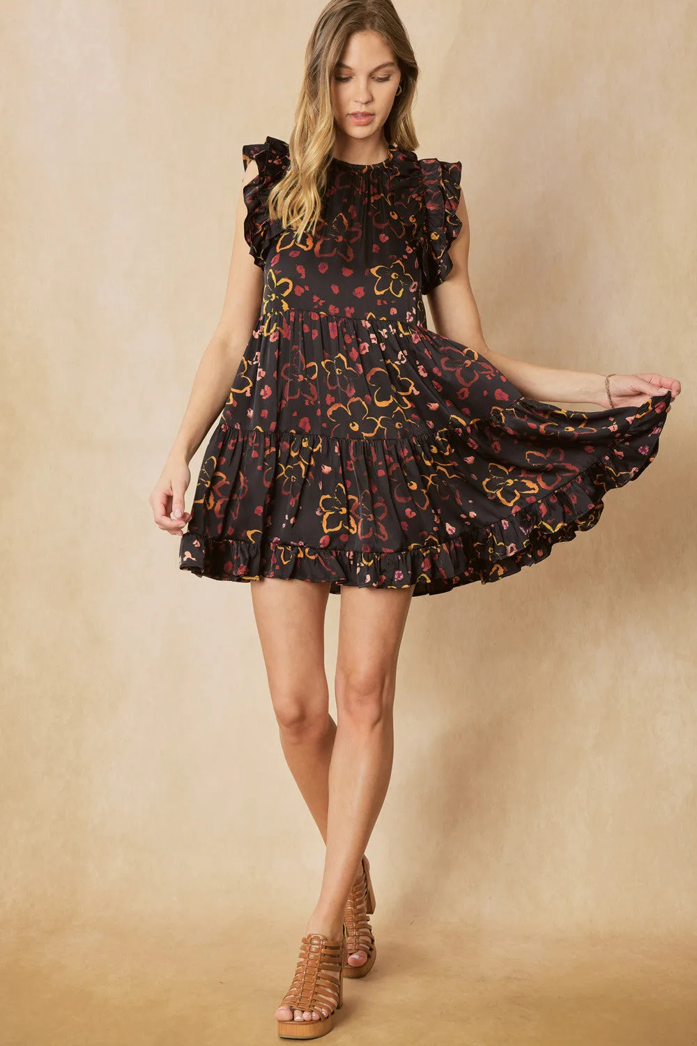 BLACK MULTICOLORED FLORAL SLEEVELESS RUFFLED DRESS