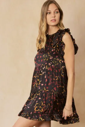 BLACK MULTICOLORED FLORAL SLEEVELESS RUFFLED DRESS