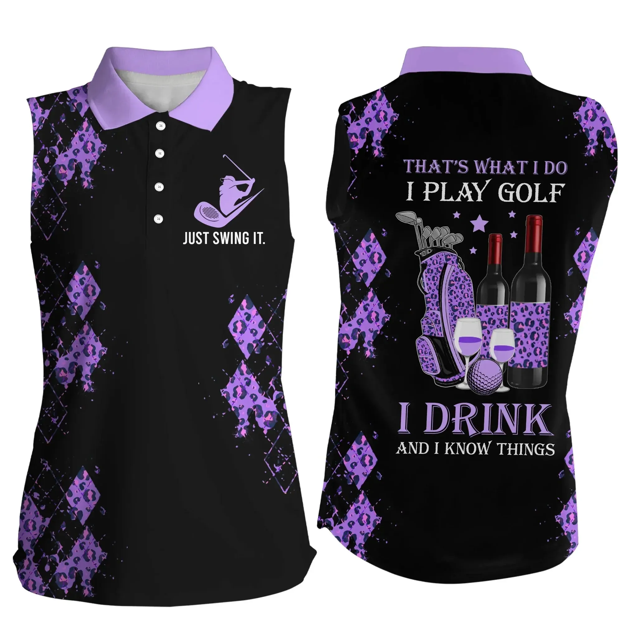 Black purple leopard Women sleeveless polo shirt funny golf wine That's what I do, I play golf drink