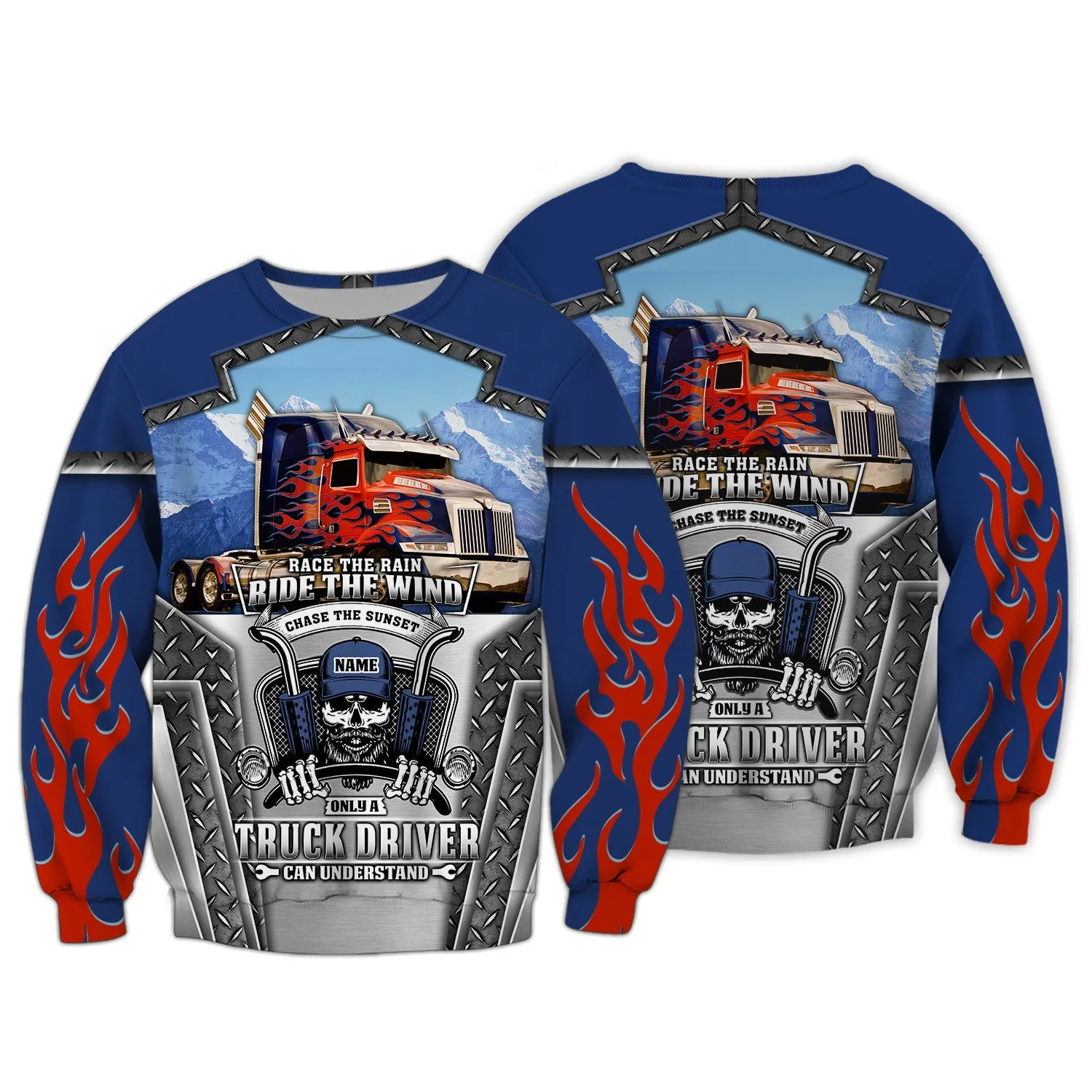 Blue & Red Fire Trucker 3D All Over Printed Hoodie, 3D Zipper Hoodie, Christmas Shirt for Trucker