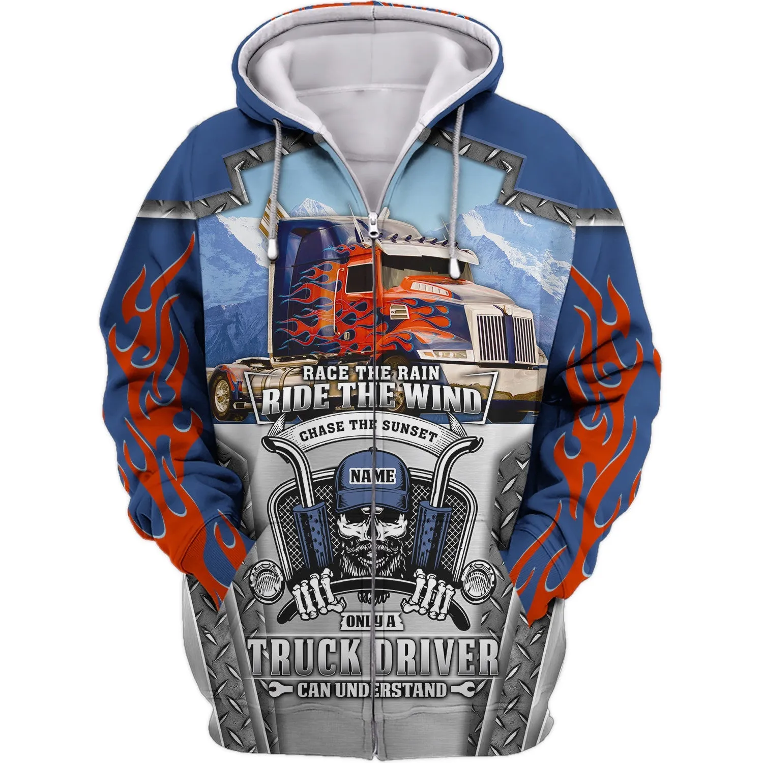 Blue & Red Fire Trucker 3D All Over Printed Hoodie, 3D Zipper Hoodie, Christmas Shirt for Trucker