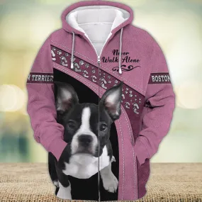 Boston Terrier Pink Love Never Walk Alone 3D Full Print Shirts, Dog Memorial Gifts for loss of Dog