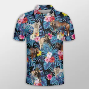 Brahman Tropical Flowers Leaves Pattern Button Polo Shirt, Cow Polo Shirt, Gift for Farmers