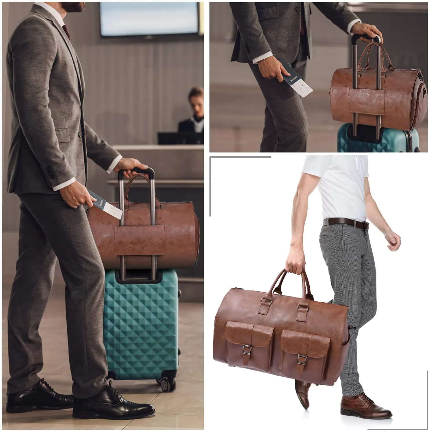 Carry On Garment Bag, Waterproof Mens Garment Bag for Travel Business, Large Leather Duffel Bag with Shoe Compartment -Brown