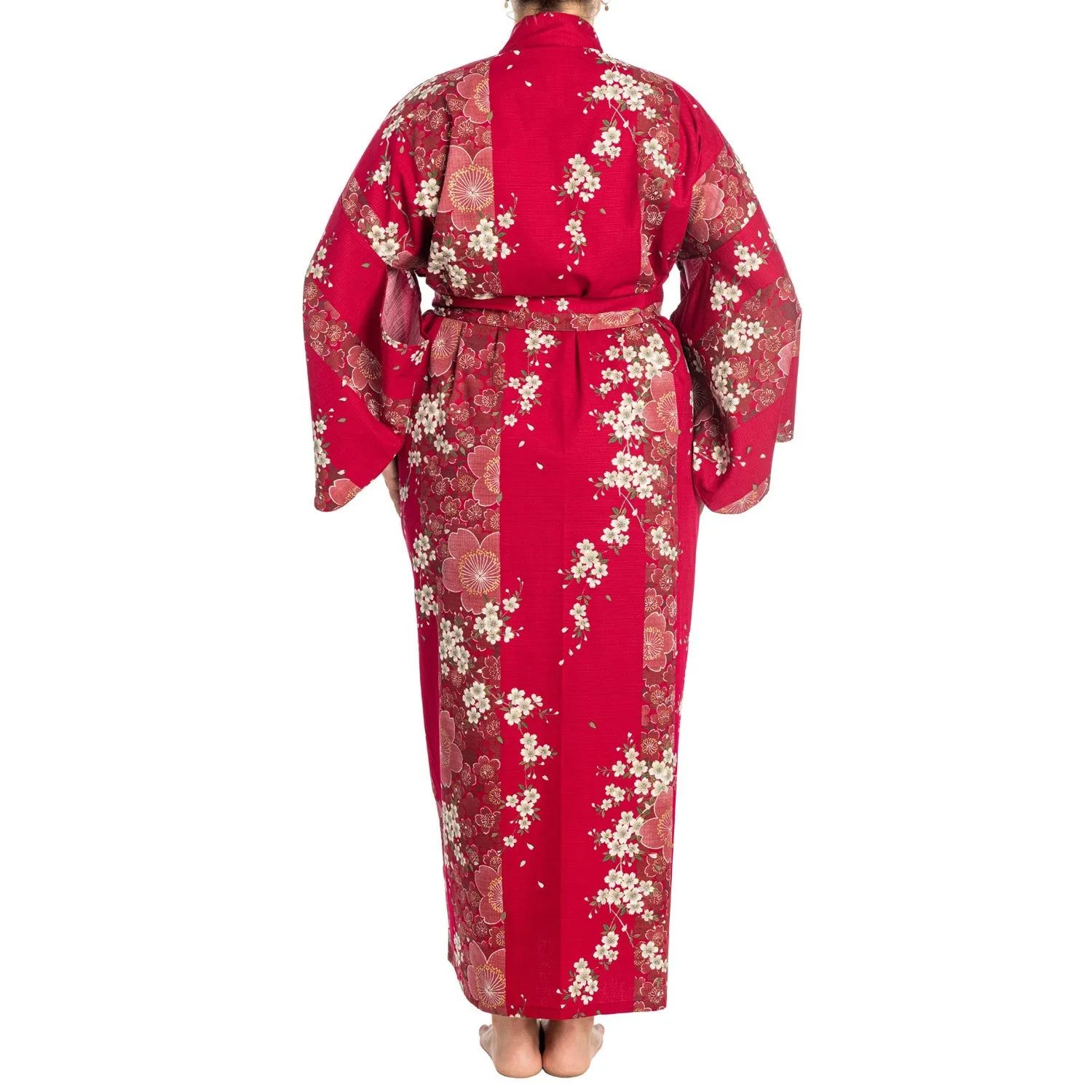 Cherry Blossom Print Long Red Yukata XL