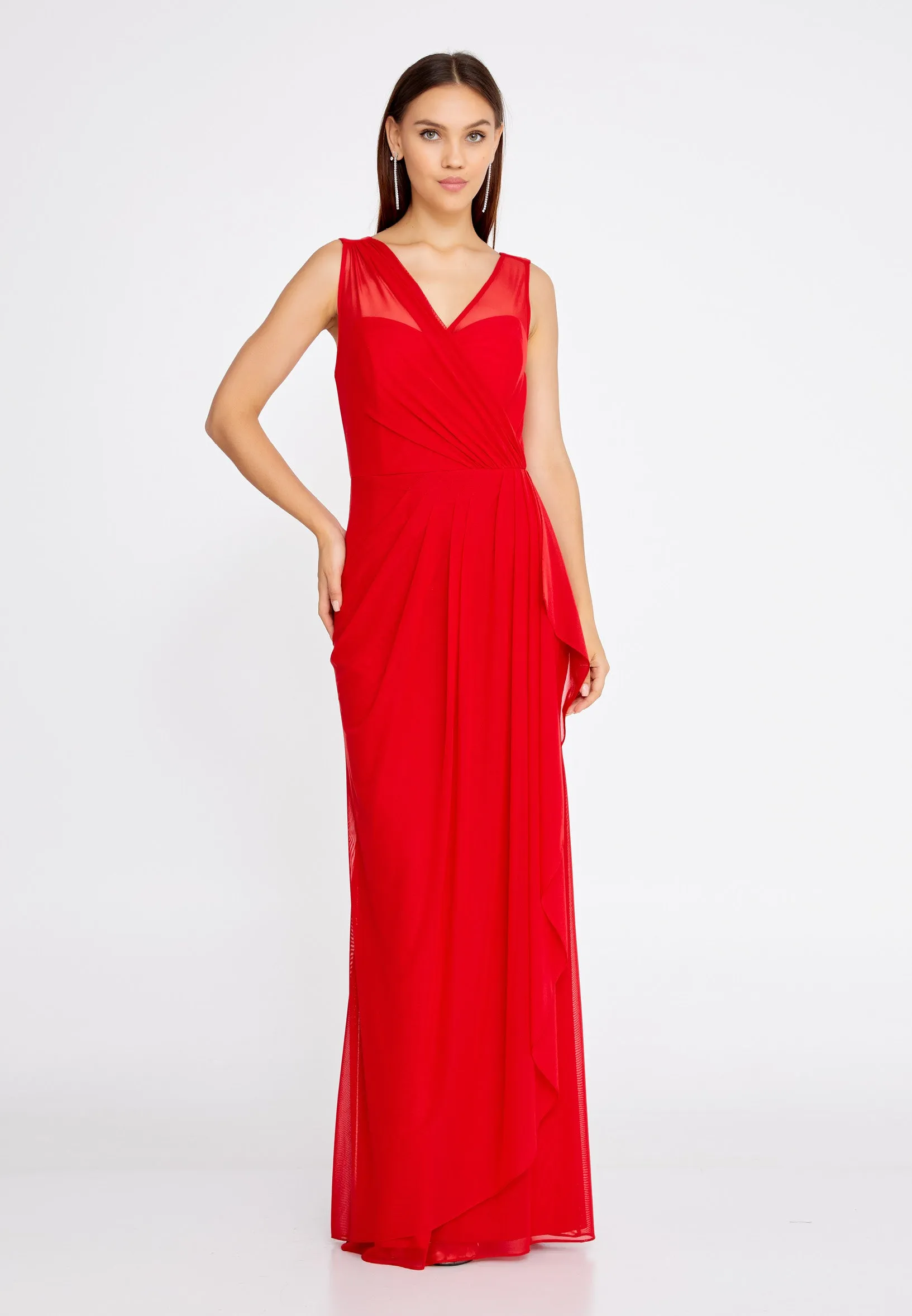 Chiffon Wrap Column Long Dress - Red