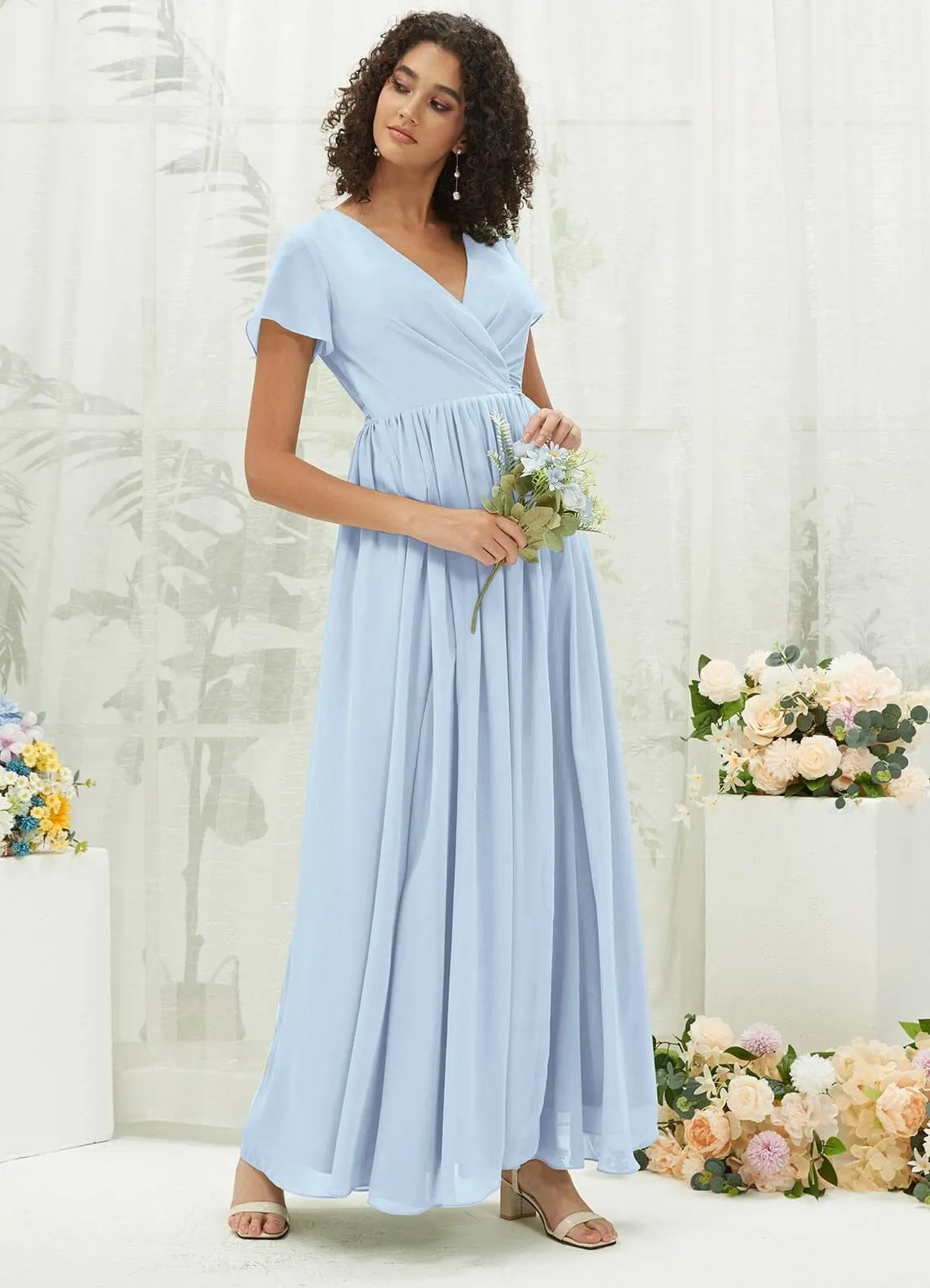 Cornflower Blue Chiffon Short Sleeve V-Neck Wrap Pleated  Bridesmaid Dress