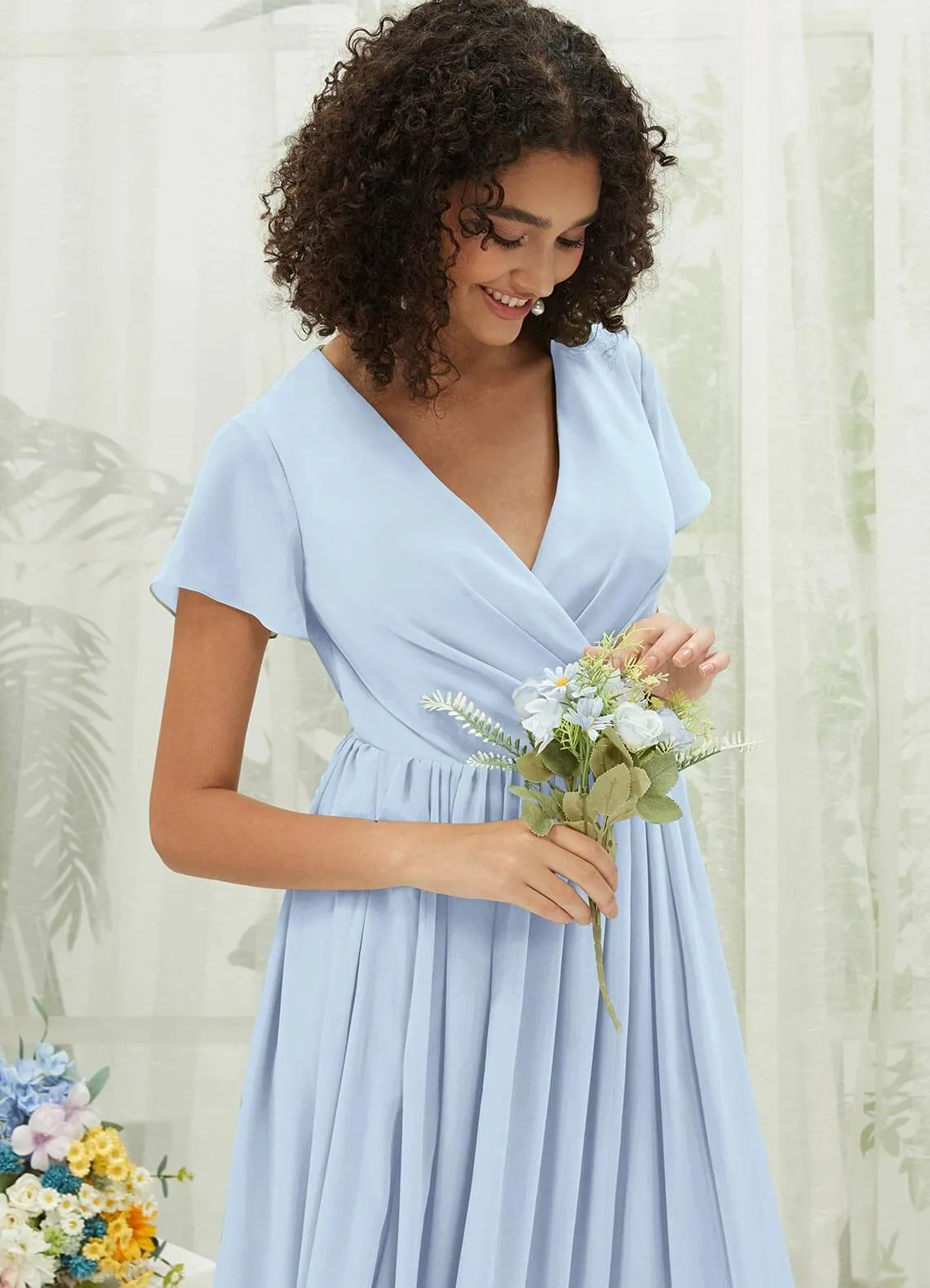 Cornflower Blue Chiffon Short Sleeve V-Neck Wrap Pleated  Bridesmaid Dress