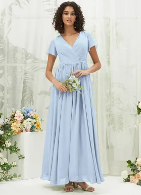 Cornflower Blue Chiffon Short Sleeve V-Neck Wrap Pleated  Bridesmaid Dress