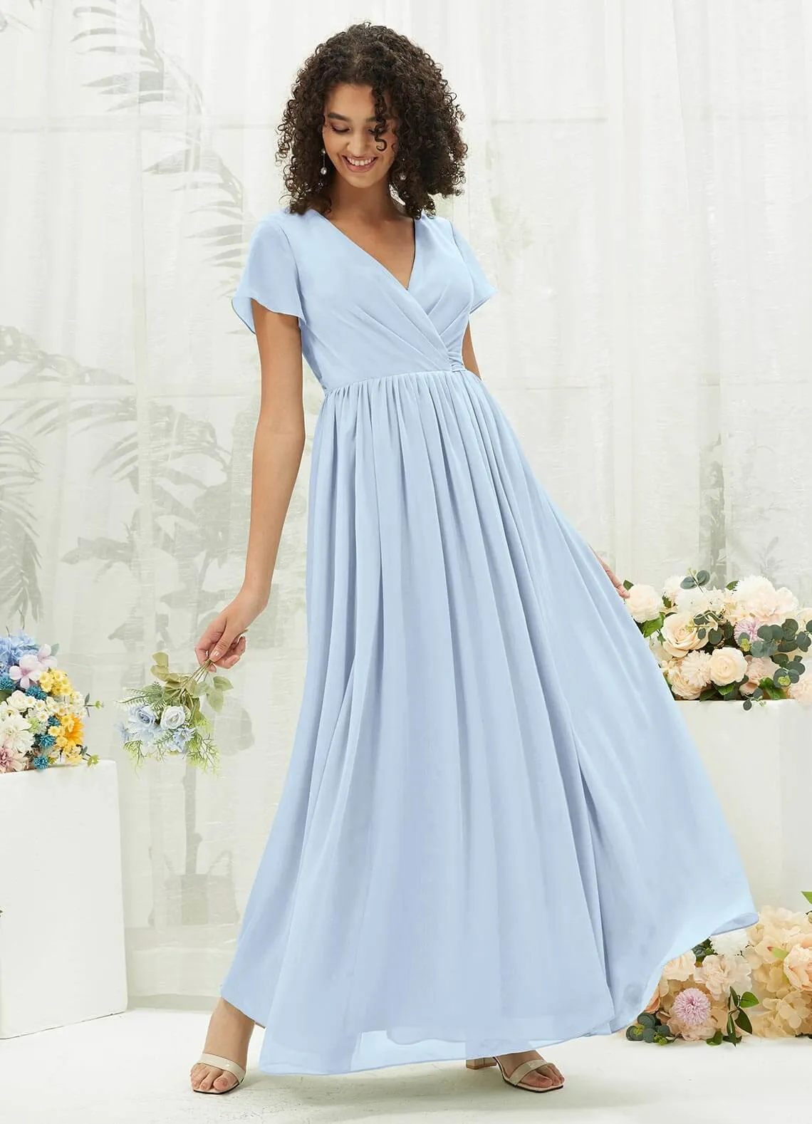 Cornflower Blue Chiffon Short Sleeve V-Neck Wrap Pleated  Bridesmaid Dress