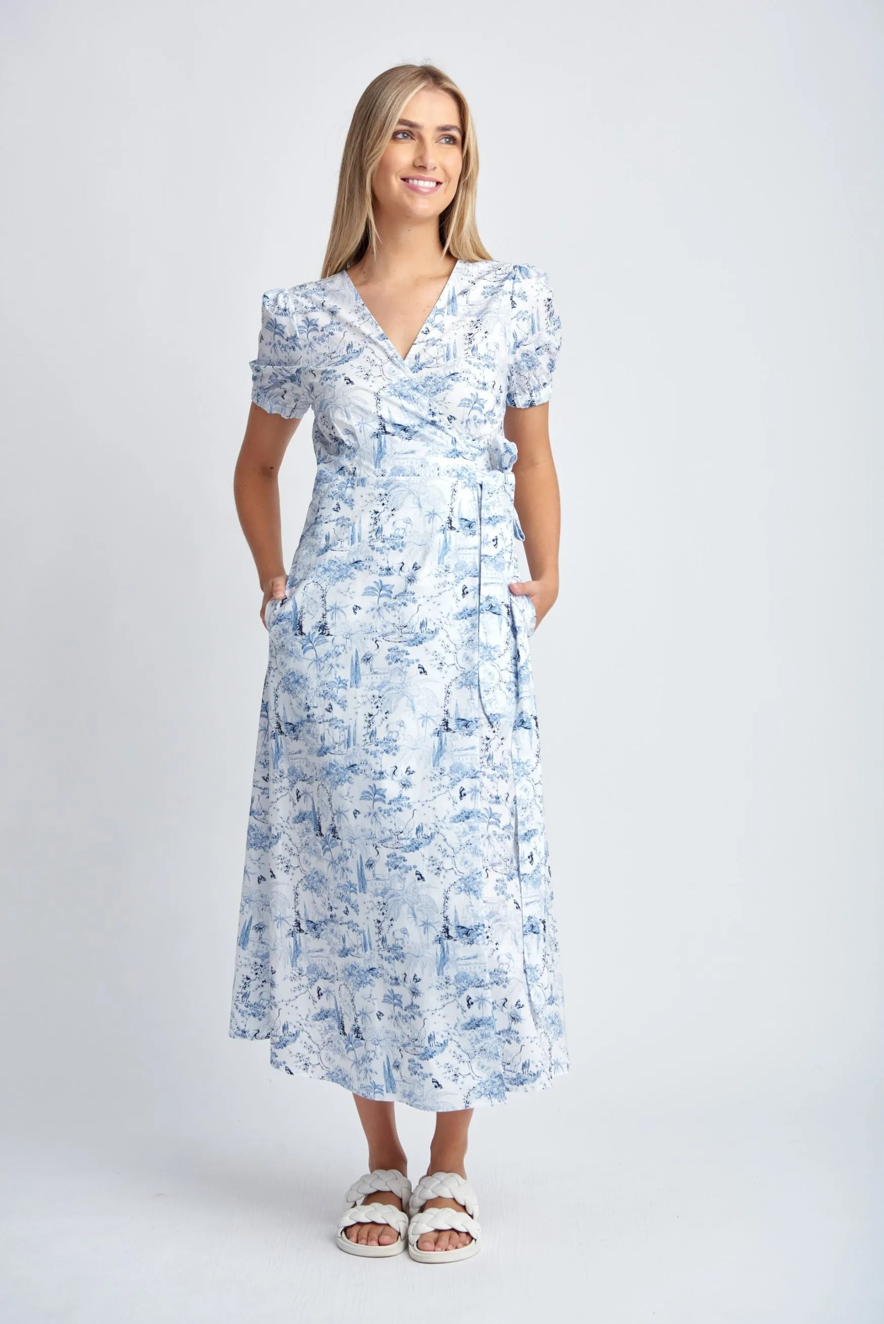 Cotton Wrap Dress Deep Blue Print