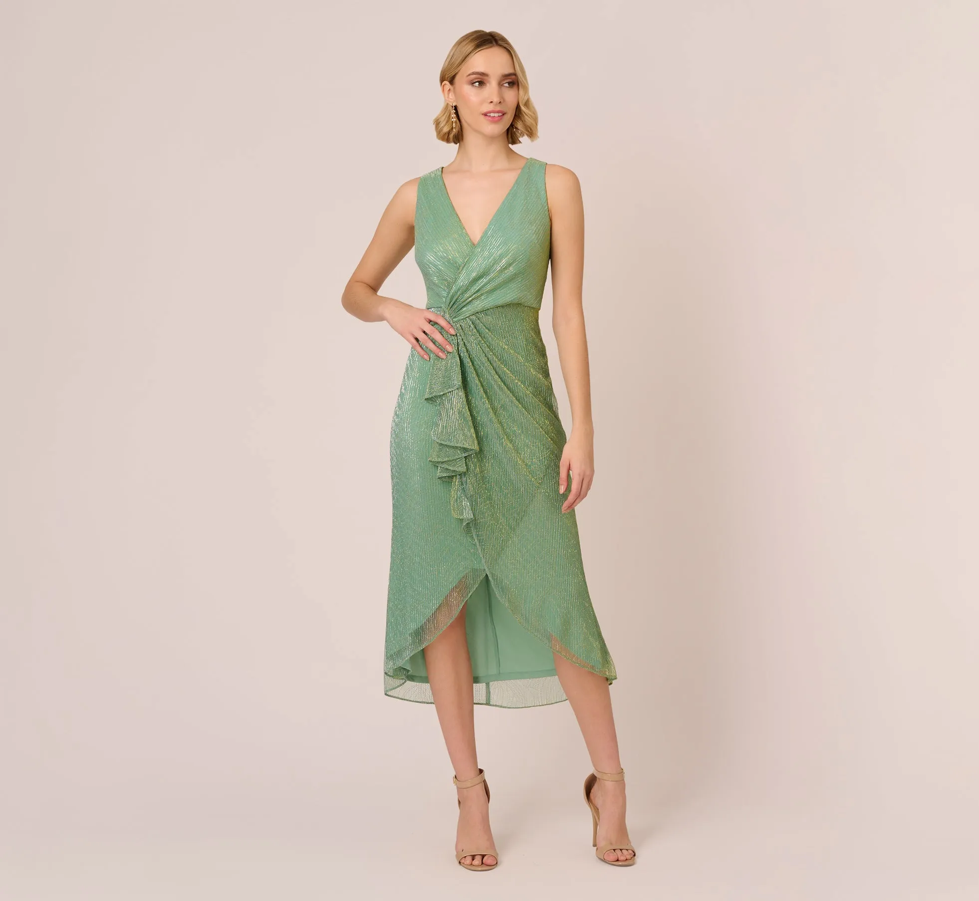 Crinkle Metallic Faux Wrap Dress With Draped Detail In Green Slate