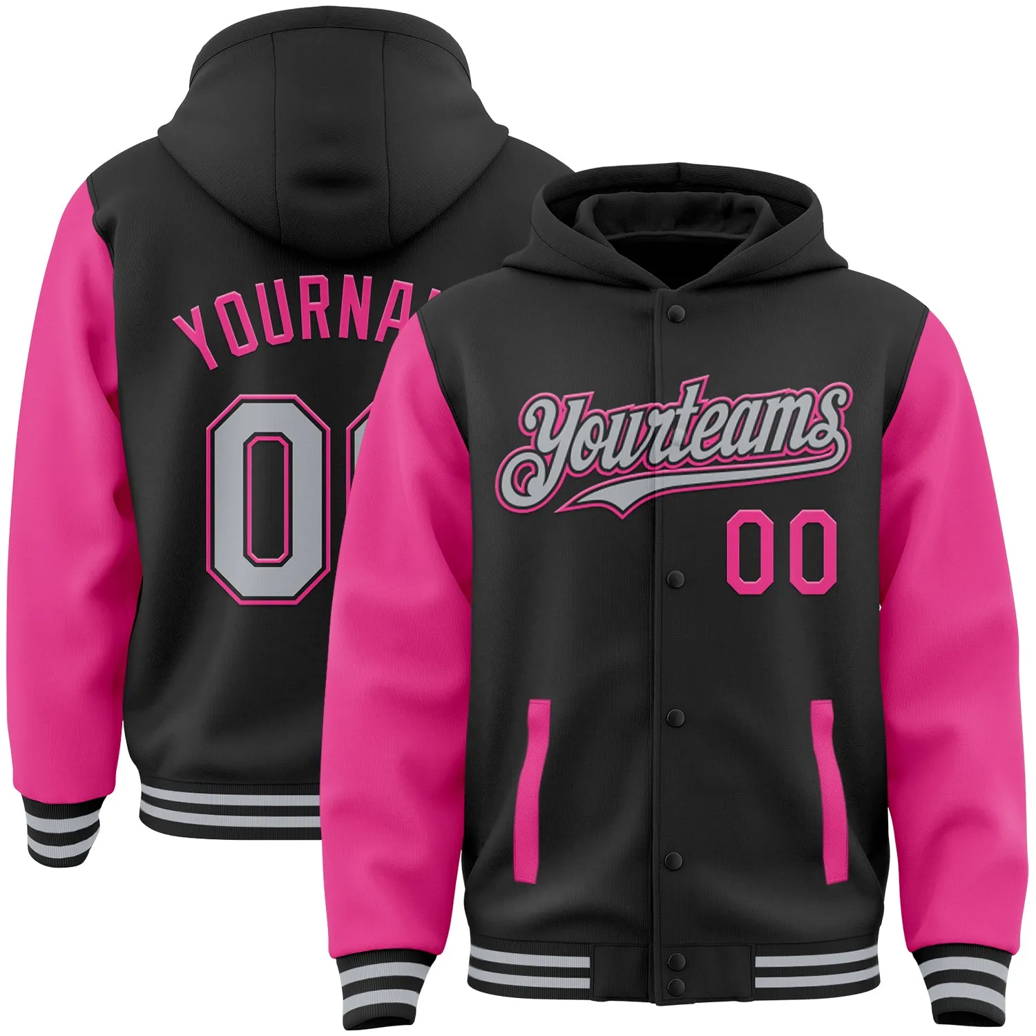 Custom Black Gray-Pink Bomber Full-Snap Varsity Letterman Two Tone Hoodie Jacket