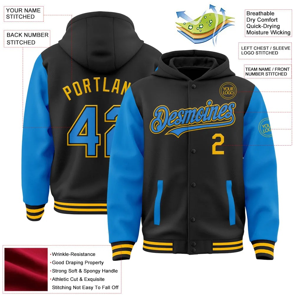 Custom Black Powder Blue-Gold Bomber Full-Snap Varsity Letterman Two Tone Hoodie Jacket