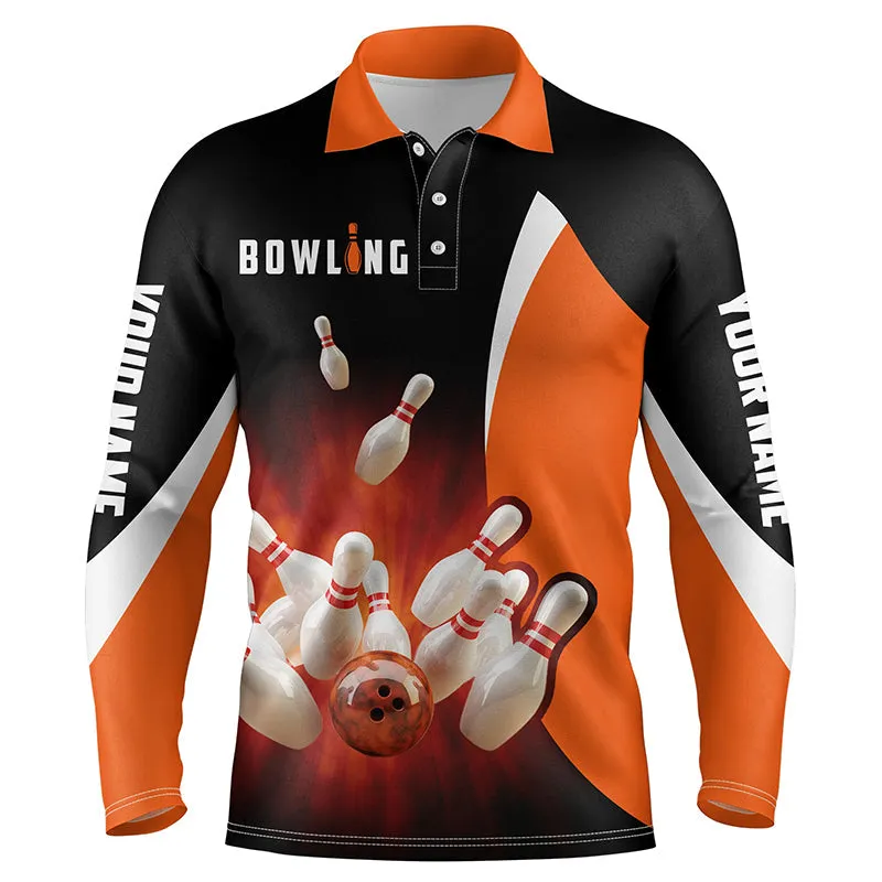 Custom Bowling Shirts Retro Black Orange Bowling Long Sleeve Polo Shirts For Men, Bowling Team Jersey