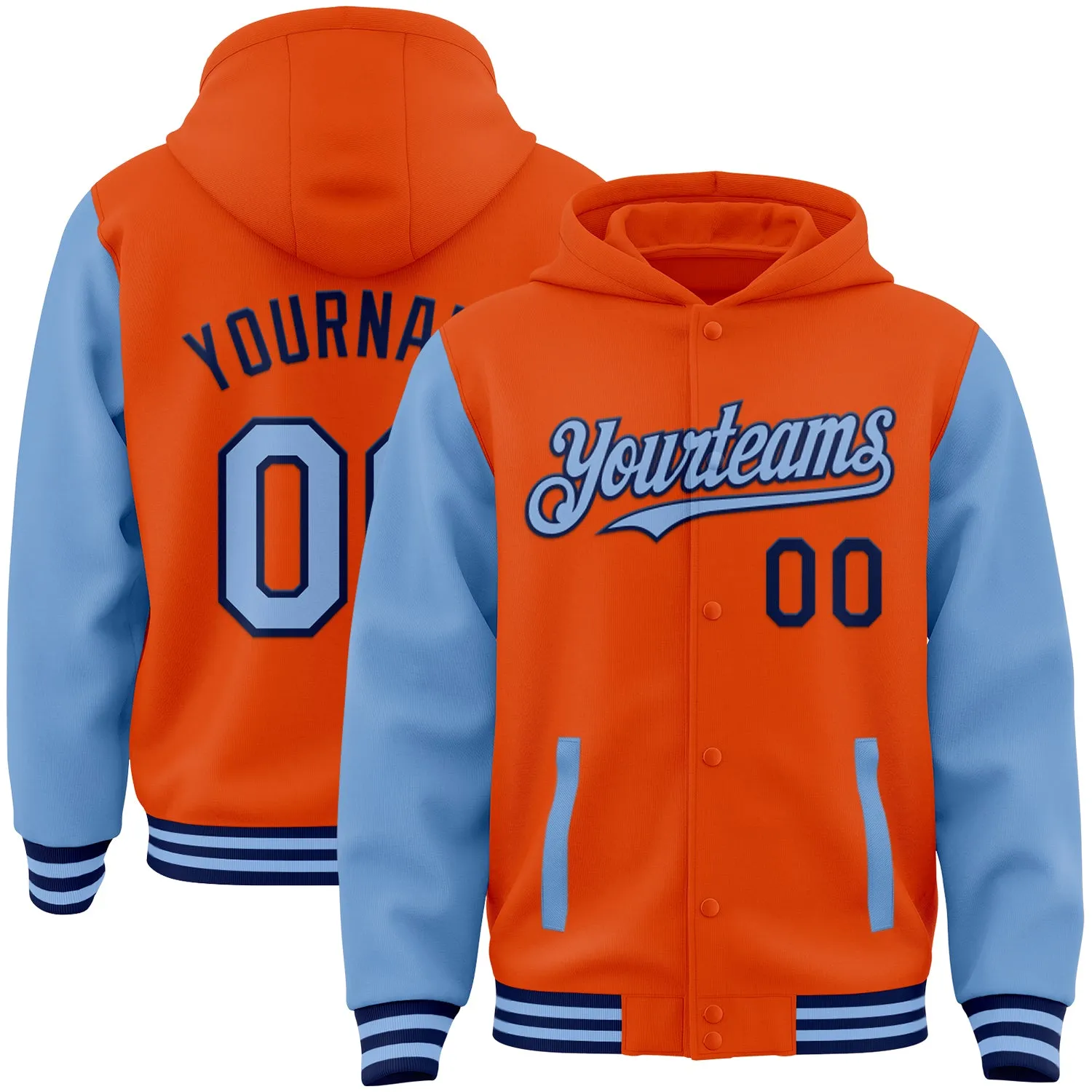 Custom Orange Light Blue-Navy Bomber Full-Snap Varsity Letterman Two Tone Hoodie Jacket