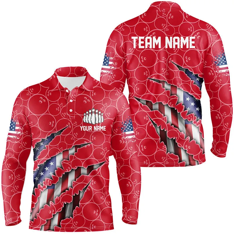 Custom Patriotic Multicolor Long Sleeve Bowling Shirts For Men, American Flag Bowling Uniform Bowlers