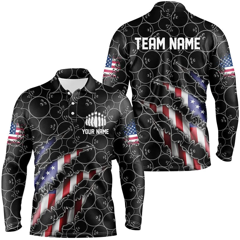 Custom Patriotic Multicolor Long Sleeve Bowling Shirts For Men, American Flag Bowling Uniform Bowlers